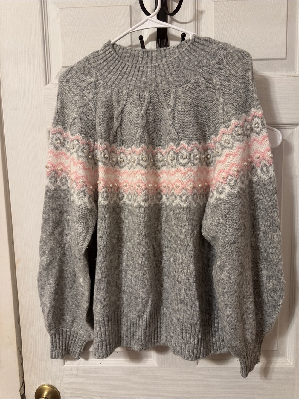 Crown & Ivy Soft Grey Fair Isle Turtleneck Sweater with Pink Accents